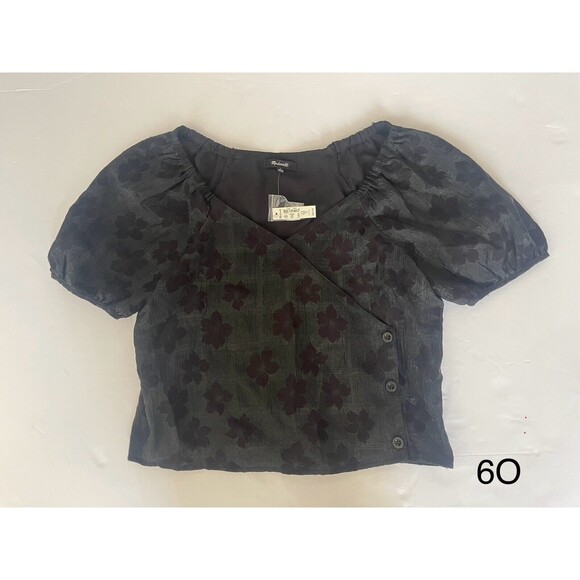 Madewell Puff-Sleeve Wrap Top in Floral Jacquard in Black Size Small‎ NWT - Picture 1 of 9